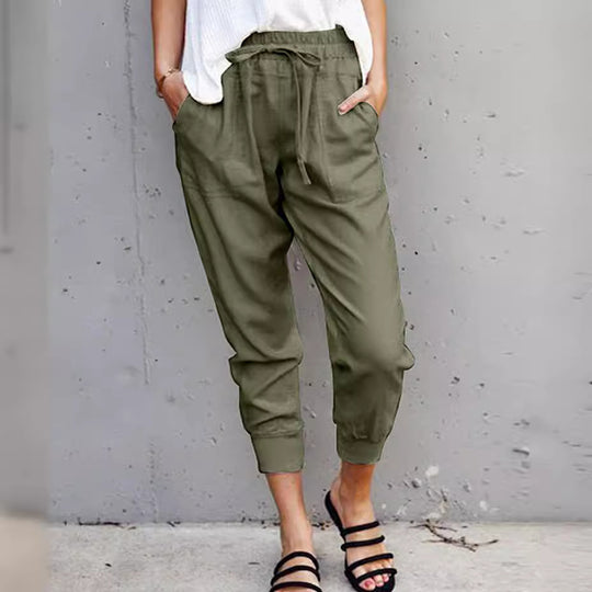 Damen nan lässige tapered Leinenhose mit elastischem Bund und Bündchen EB