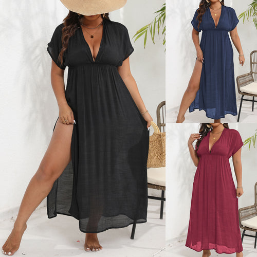 Damen luftiges Maxikleid mit tiefem V-Ausschnitt und seitlichen Schlitzen EB