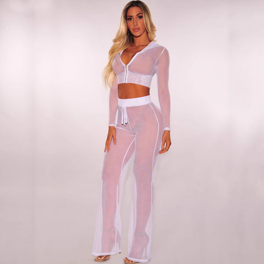 Damen Transparente Lounge-Hose mit Reißverschluss und Hohem Bund EB