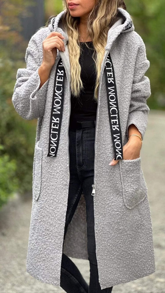 Damen Modischer Oversized-Fleece-Mantel mit praktischen Taschen und Kapuze EB