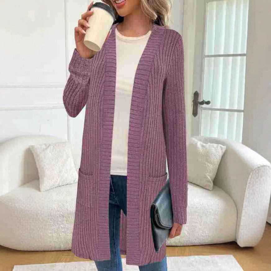 Damen modischer gestrickter Longcardigan mit praktischen Taschen EB