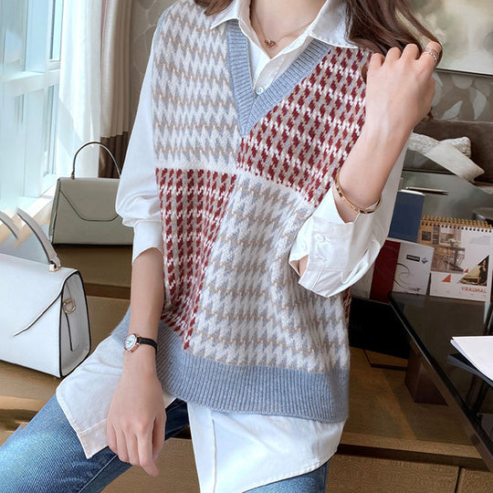 Damen Stylischer V-Neck Strickpullover im Farbblockdesign EB