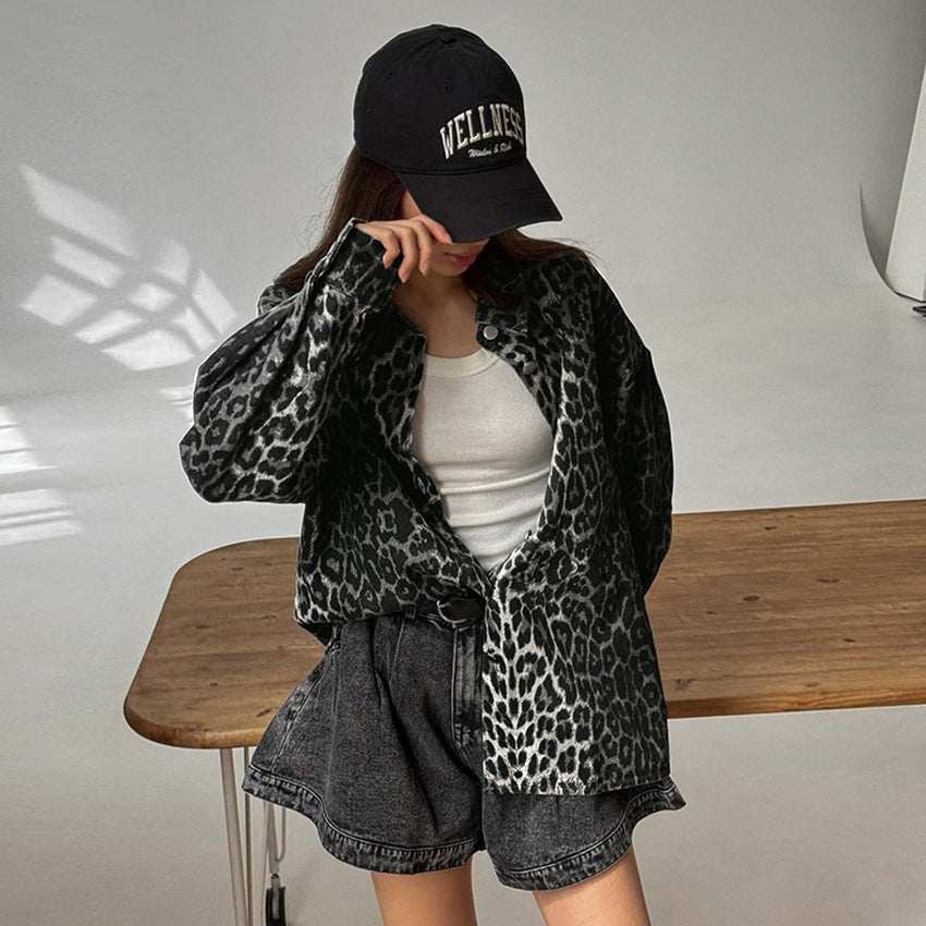 Damen Modische Leoprint Overshirt mit Taschen EB