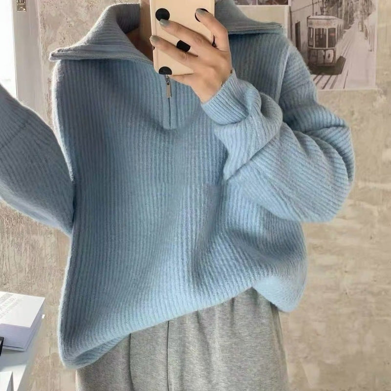 Damen Leichter Strickpullover mit hohem Kragen und Reißverschluss EB