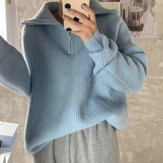 Damen Leichter Strickpullover mit hohem Kragen und Reißverschluss EB