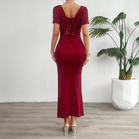 Damen figurbetontes Maxikleid mit quadratischem Ausschnitt und kurzen Ärmeln EB