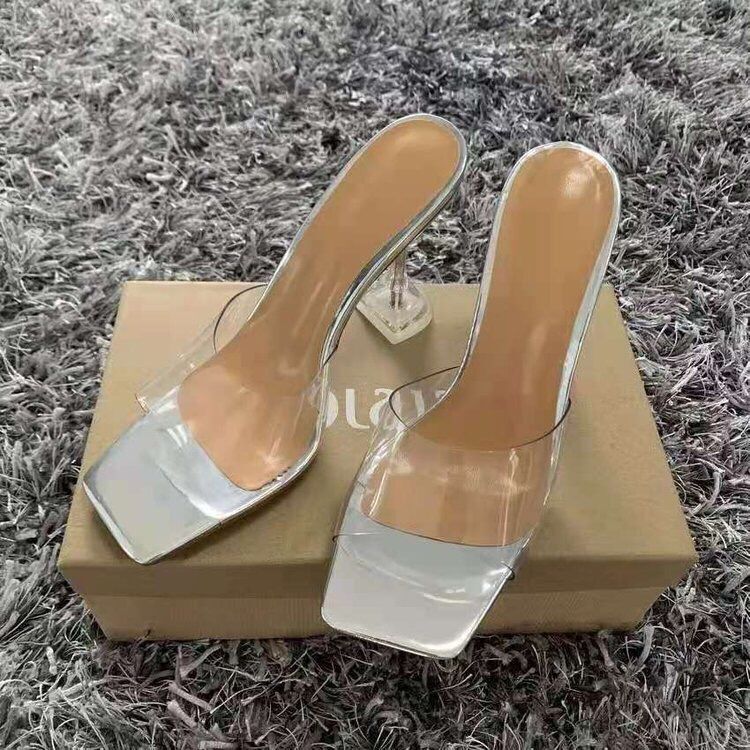 Damen Elegante Sandalen mit durchsichtigen Riemen und transparentem Blockabsatz EB