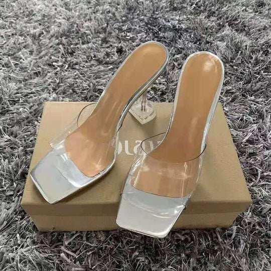 Damen Elegante Sandalen mit durchsichtigen Riemen und transparentem Blockabsatz EB