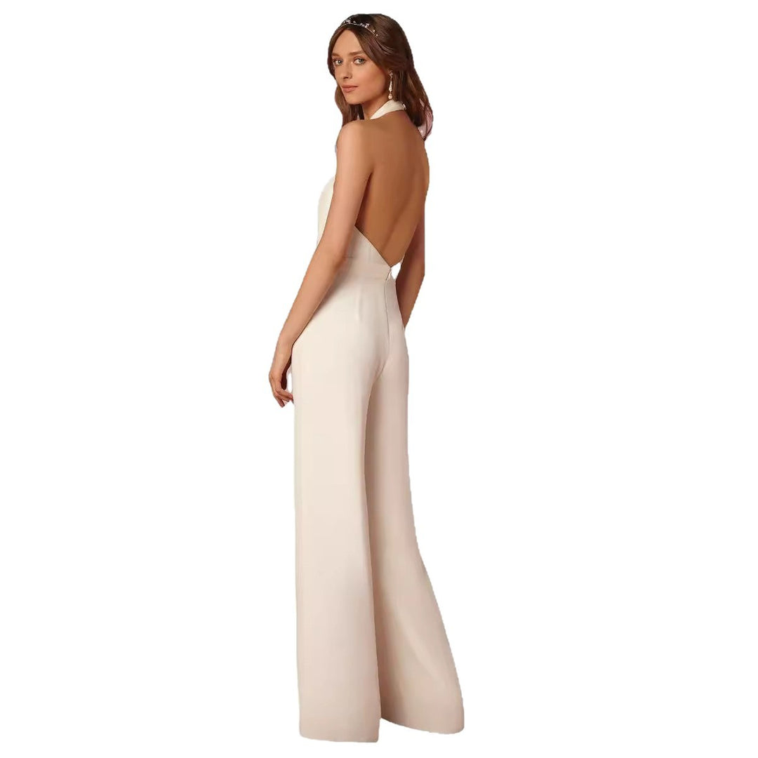 Damen eleganter Jumpsuit mit tiefem V-Ausschnitt und weiterbeiniger Silhouette EB