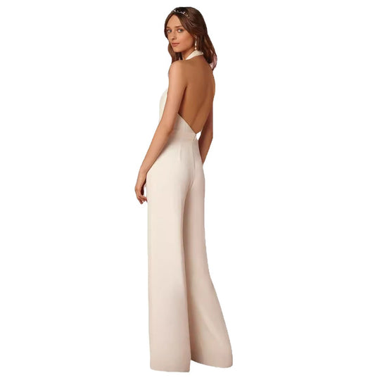 Damen eleganter Jumpsuit mit tiefem V-Ausschnitt und weiterbeiniger Silhouette EB