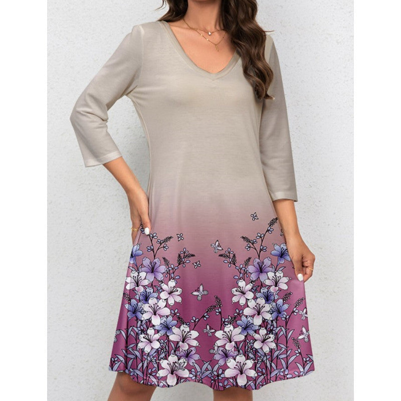 Damen V-Ausschnitt Sommerkleid mit floralem Aquarell-Design und ¾-Ärmeln EB