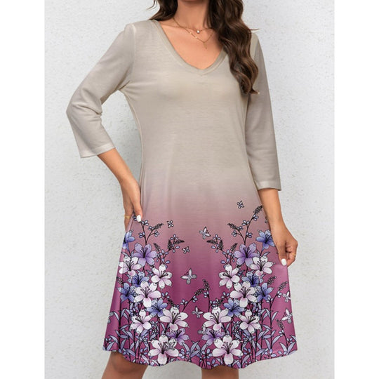 Damen V-Ausschnitt Sommerkleid mit floralem Aquarell-Design und ¾-Ärmeln EB