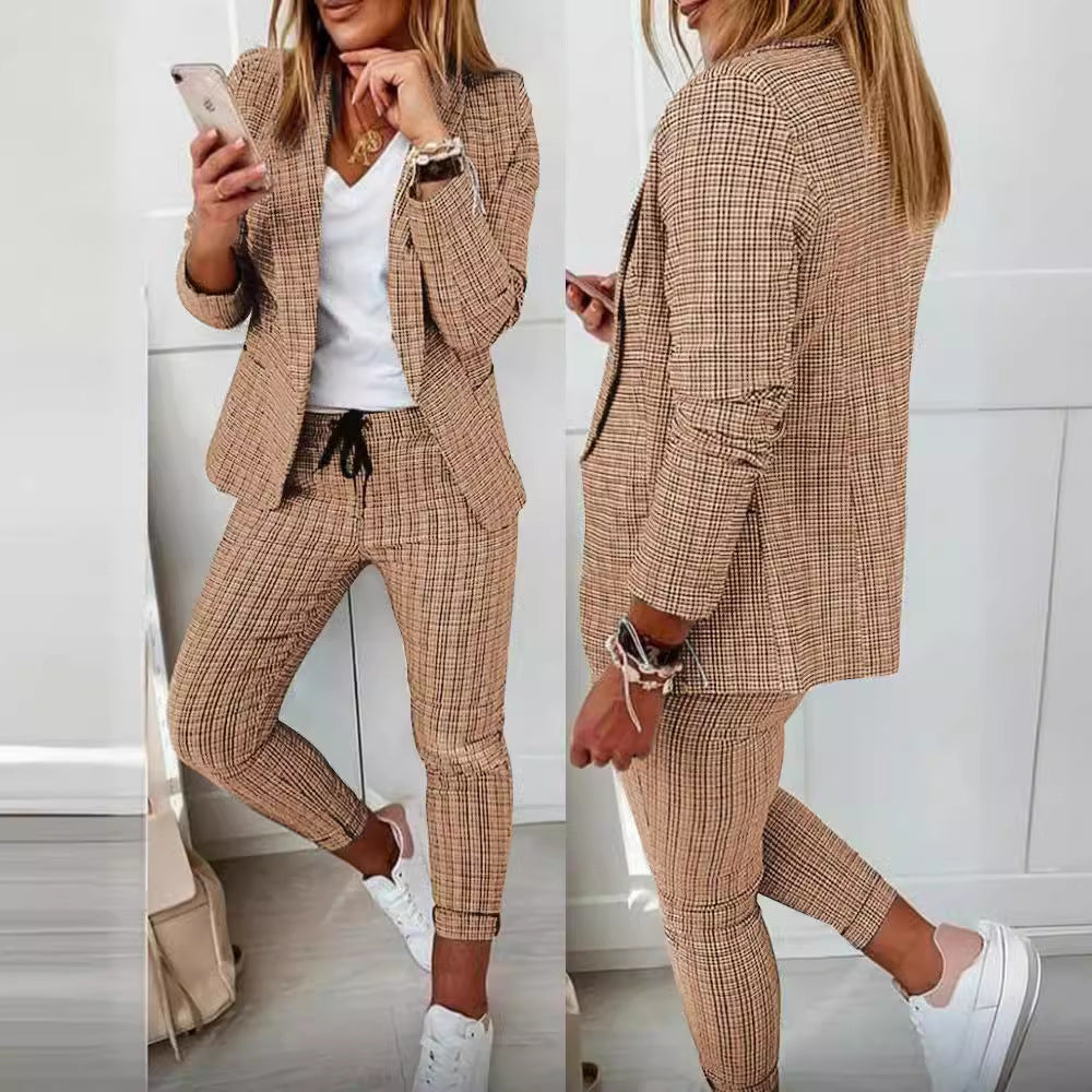 Damen nan zweiteiliges Karomuster Business-Casual Blazer-Set mit elastischer Bundhose EB