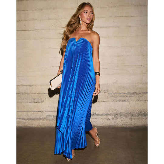 Damen Maxikleid mit plissiertem Oberteil und elegantem V-Ausschnitt EB
