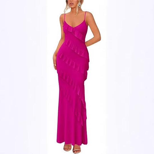 Damen Maxikleid mit Rüschen und Spaghettiträgern EB