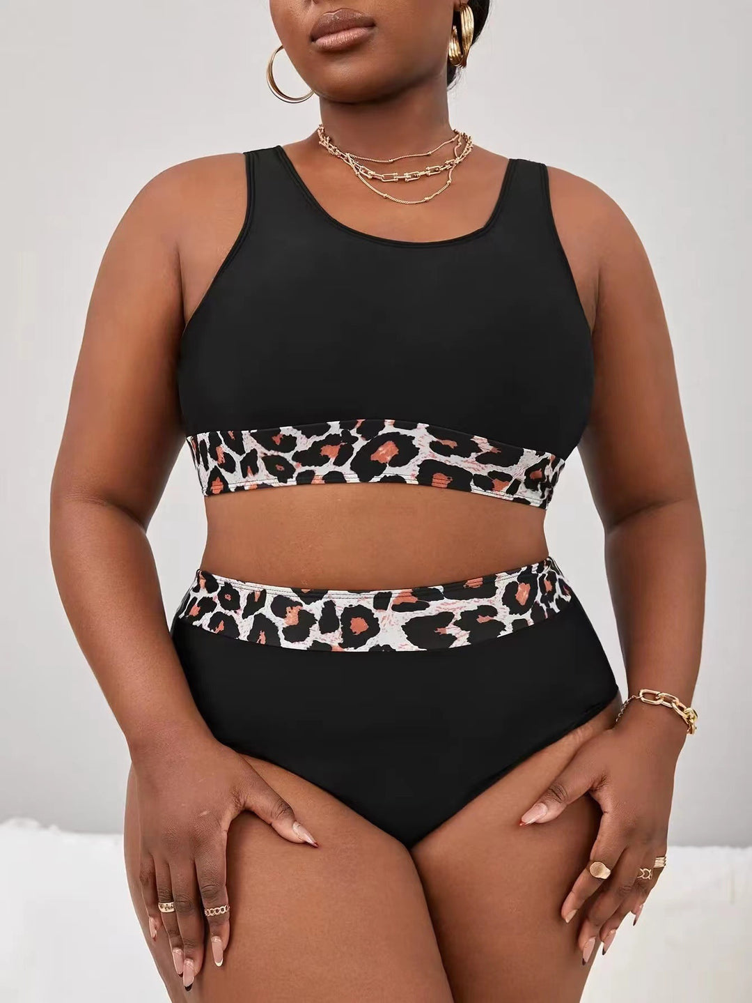 Damen Sportlicher Hochschnitt-Bikini mit Leopardenmuster EB