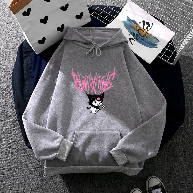 Damen nan lockeres Kapuzensweatshirt aus angerautem Fleece mit Kängurutasche und kawaii-Charakter-Print EB