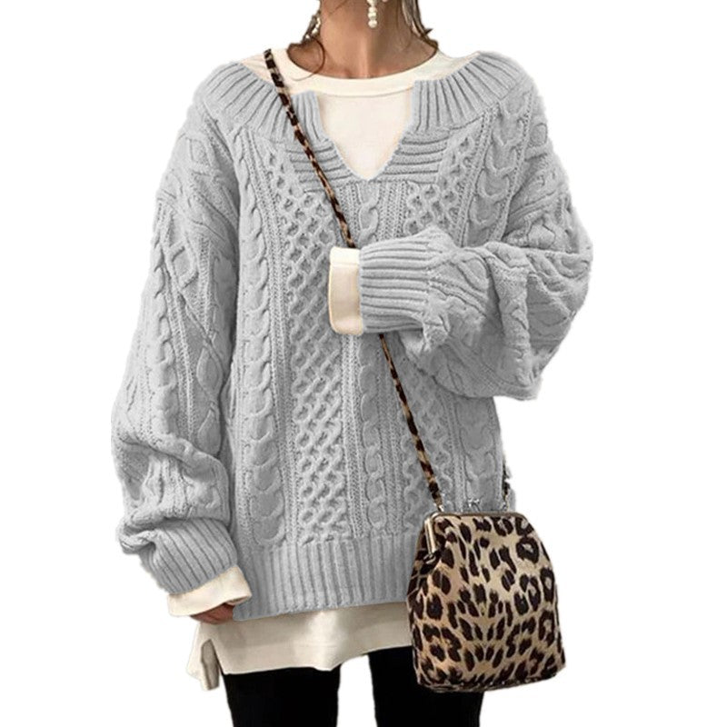 Damen nan weit geschnittener Strickpullover mit Zopfmuster und V-Ausschnitt EB