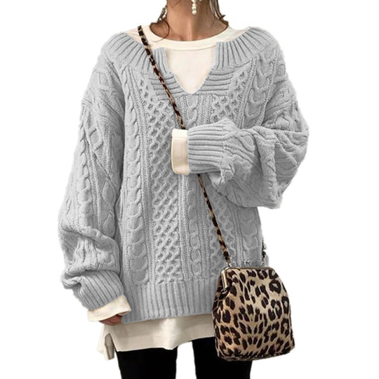 Damen nan weit geschnittener Strickpullover mit Zopfmuster und V-Ausschnitt EB