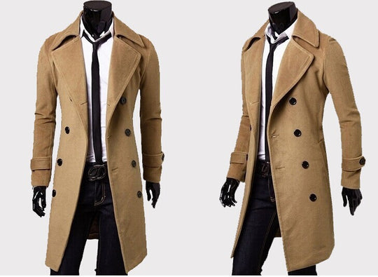 Herren nan taillierter zweireihiger Trenchcoat aus Wollmix mit klassischem Revers und Rückenschlitz EB