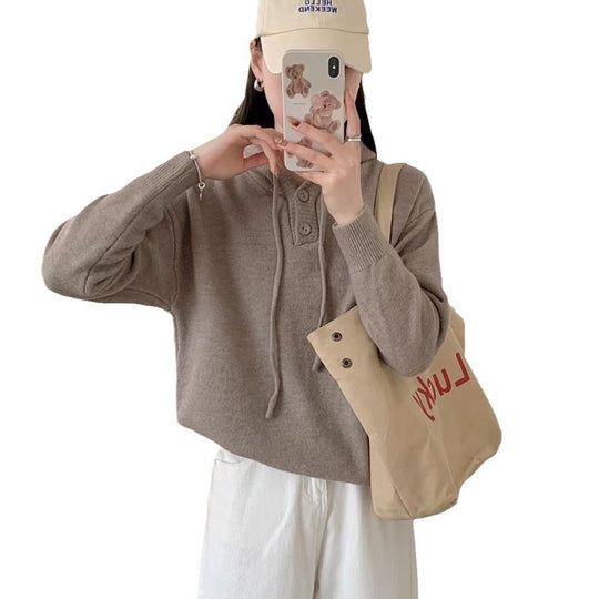 Damen Hoodie-Pullover mit Knöpfen und hohem Kragen EB