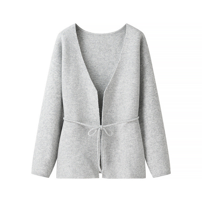 Damen Kuscheliger Strickcardigan mit tiefem V-Ausschnitt und Taillenkordel EB