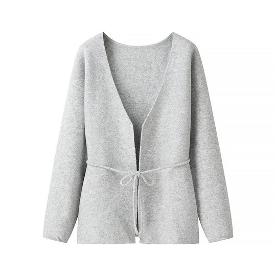 Damen Kuscheliger Strickcardigan mit tiefem V-Ausschnitt und Taillenkordel EB