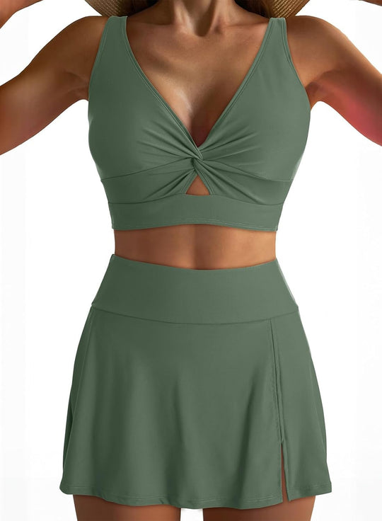 Damen Sportliches Bikini-Set mit modischem Wickeltop und schickem Rock EB