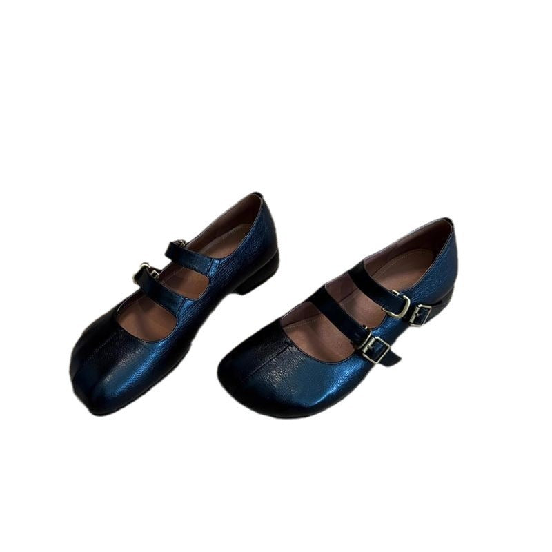Damen elegante Ballerinas mit doppeltem Schnallenverschluss und veganer Lederoberfläche EB
