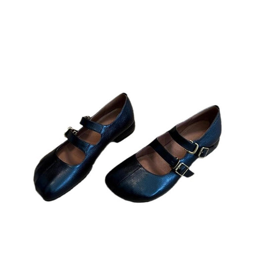 Damen elegante Ballerinas mit doppeltem Schnallenverschluss und veganer Lederoberfläche EB