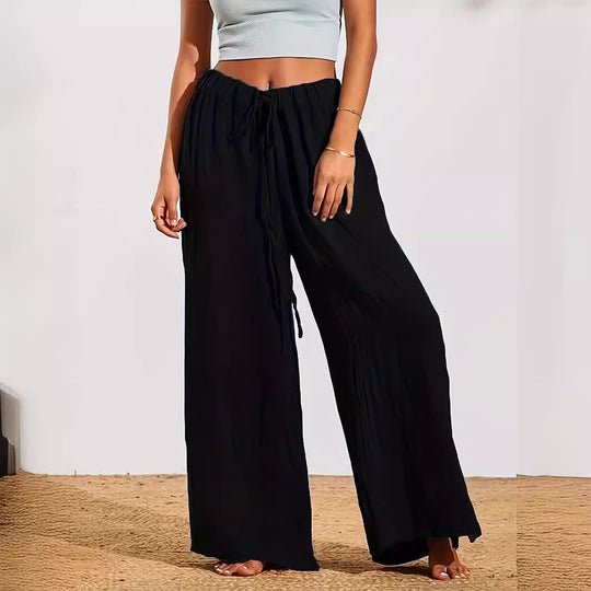 Damen Weite Sommertuchhose mit elastischem Bund und Bindegürtel EB