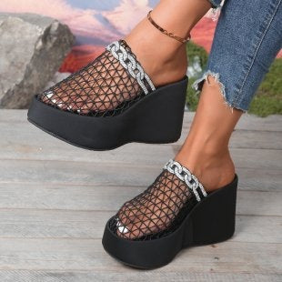 Damen Plateau-Pantoletten mit Netzdesign und Glitzerakzenten EB