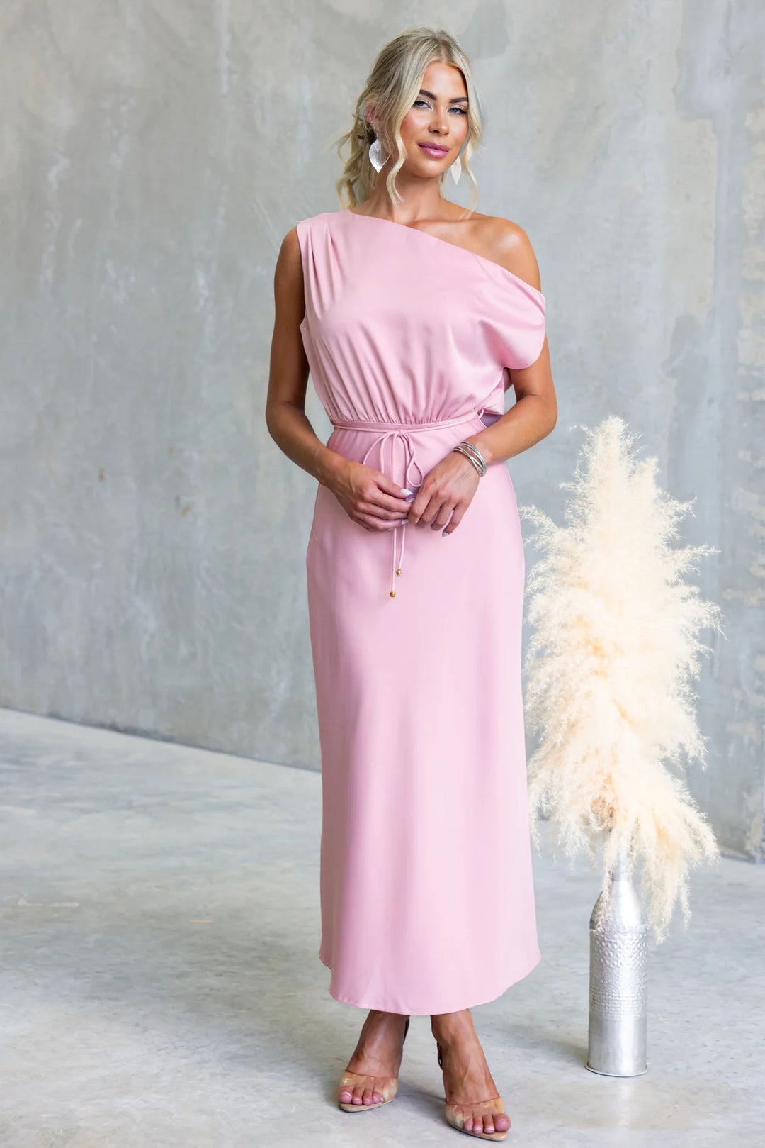 Damen Maxi-Kleid mit schulterfreiem Design und elastischem Taillenbund EB