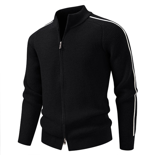Herren nan Reißverschluss-Strickjacke mit Stehkragen, strukturierter Rippenoptik und kontraststreifen EB