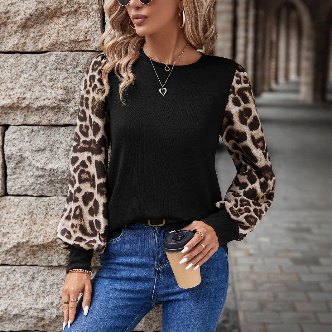 Damen Sweatshirt mit modischen Leopardenärmeln EB