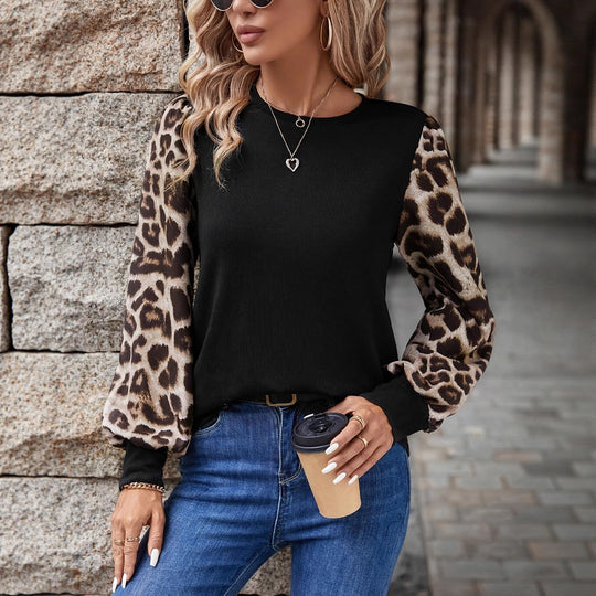 Damen Sweatshirt mit modischen Leopardenärmeln EB