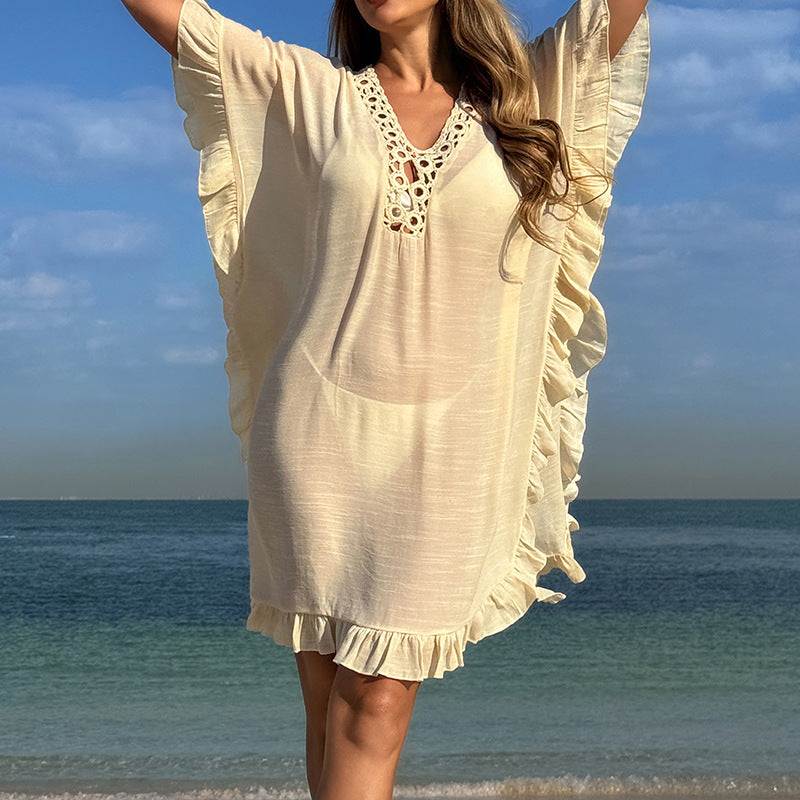 Damen Strandtunika mit elegantem Häkelbesatz und Rüschendetails EB
