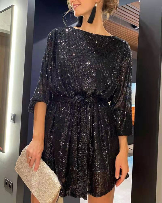 Damen Glamouröses Cocktailkleid mit funkelnden Lurex-Fäden und elastischem Taillengürtel EB
