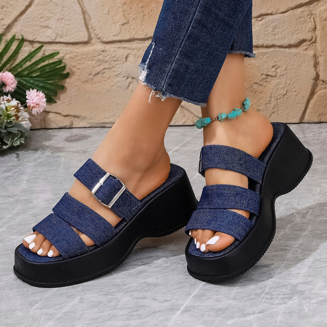 Damen Plateau-Pantoletten mit verstellbarem Riemendesign und modischem Denim-Obermaterial EB