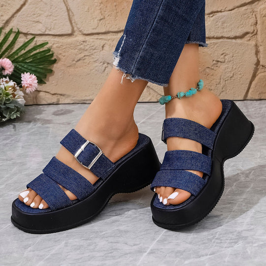 Damen Plateau-Pantoletten mit verstellbarem Riemendesign und modischem Denim-Obermaterial EB
