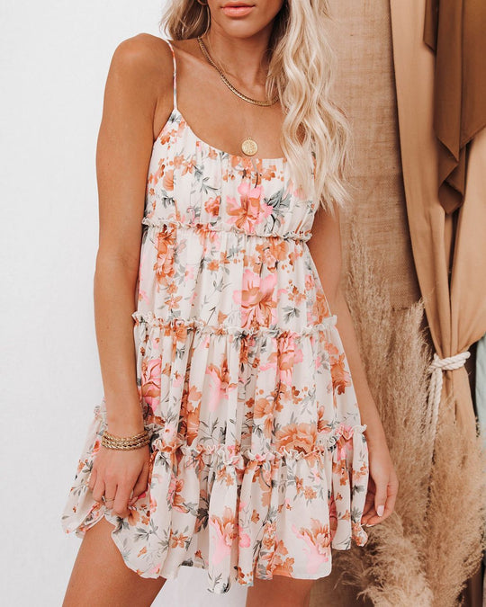 Damen Sommerliches Rüschens Kleid mit floralen Akzenten und verstellbaren Spaghettiträgern EB