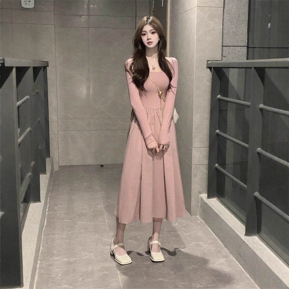 Damen langärmliges Midi-Kleid mit schwingendem Rock und dekorativen Puffärmeln EB