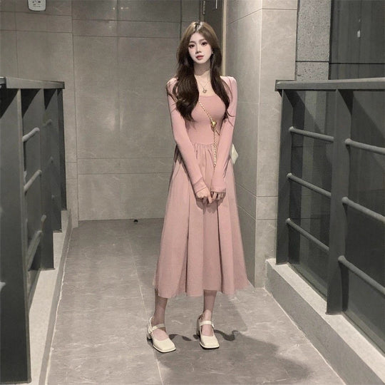 Damen langärmliges Midi-Kleid mit schwingendem Rock und dekorativen Puffärmeln EB
