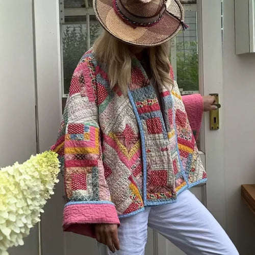 Damen nan gesteppte Patchwork-Kimonojacke mit glänzendem Satinfutter und weitem Schalkragen EB