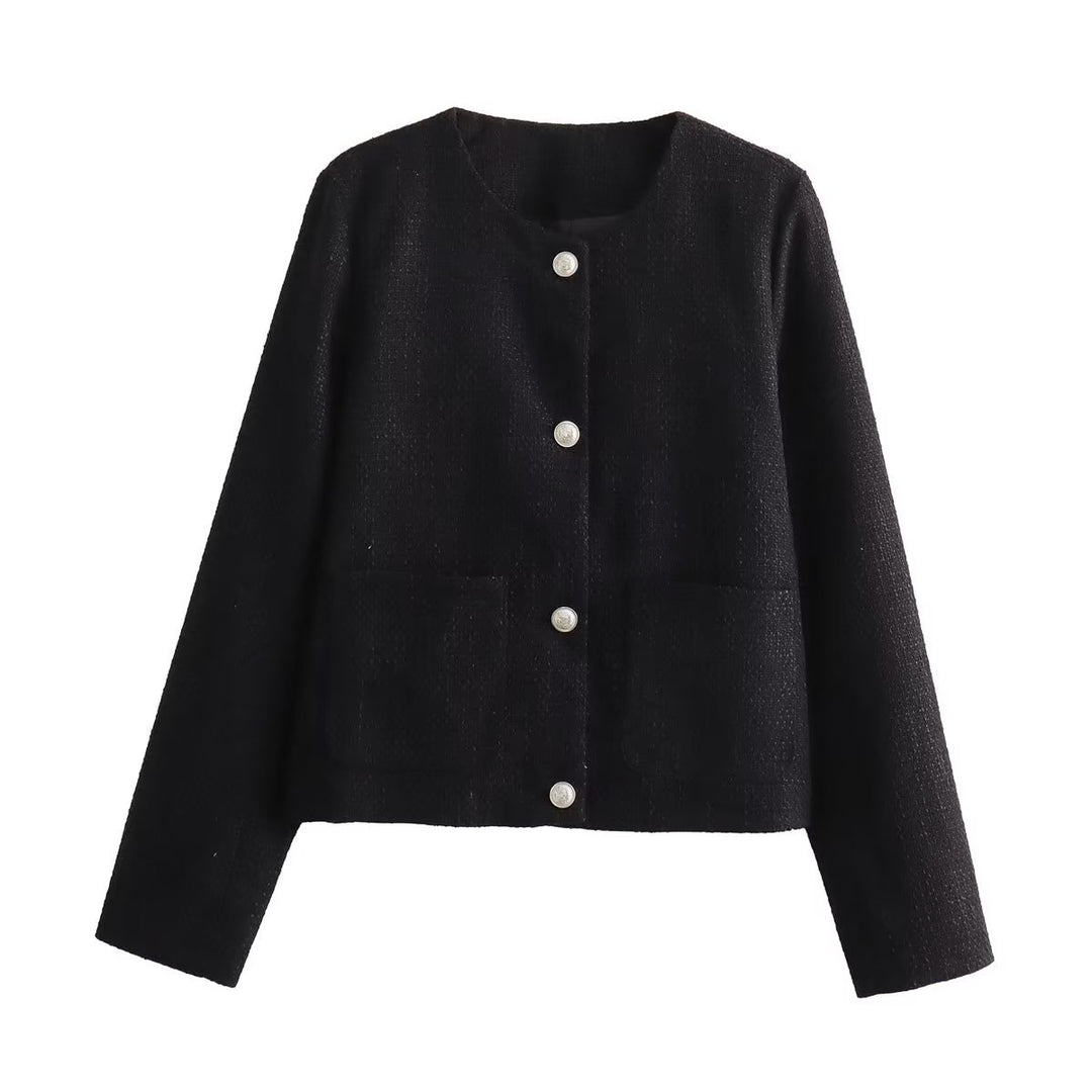 Damen elegante Kurzjacke mit dekorativen Knopfdetails und praktischen Taschen EB