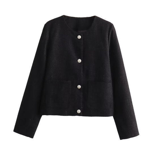 Damen elegante Kurzjacke mit dekorativen Knopfdetails und praktischen Taschen EB