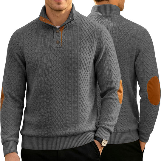 Herren Kabelstrick Troyer Pullover mit Stehkragen und Lederoptik-Ellbogen-Patches EB