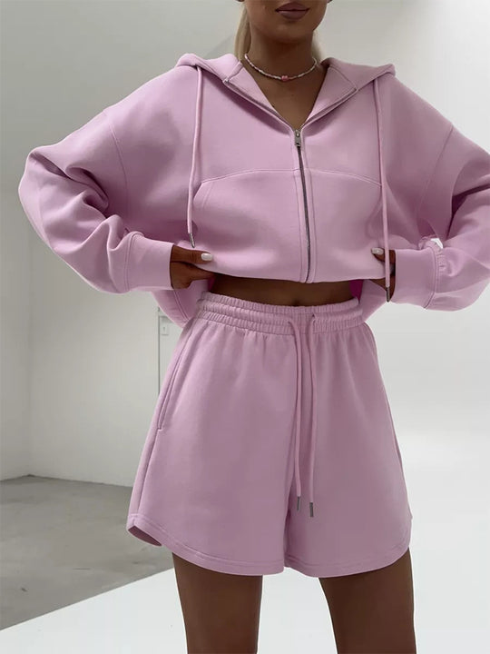 Damen nan kurzes Kapuzen-Sweatshirt mit Reißverschluss und elastischer Highwaist-Relax-Shorts Set EB