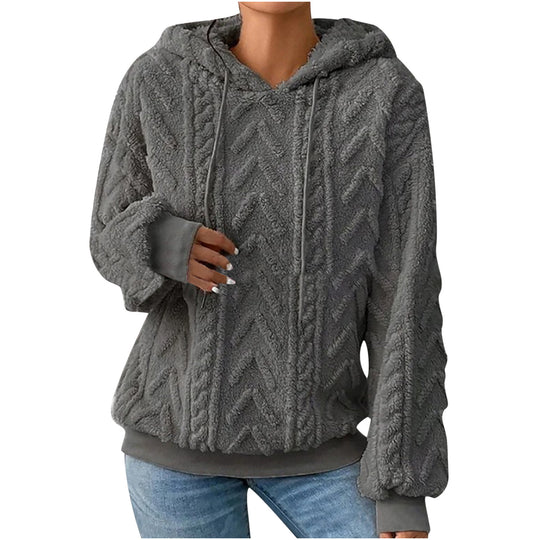 Damen nan kuscheliger Kapuzenpullover mit Zopfmuster Eingrifftaschen und Rippbündchen EB