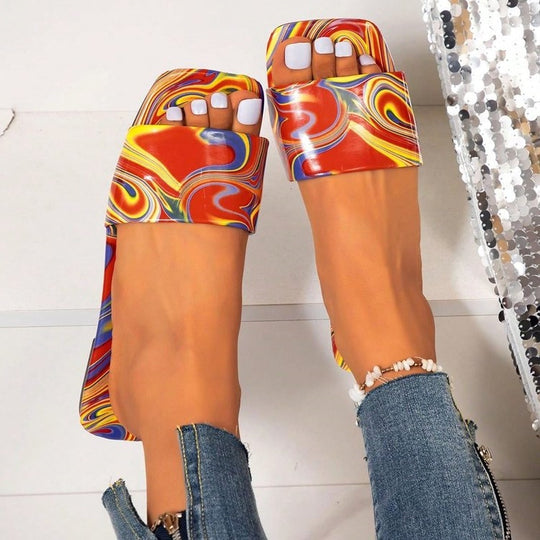 Damen Offene Riemchen-Sandalen mit buntem Marmor-Design EB